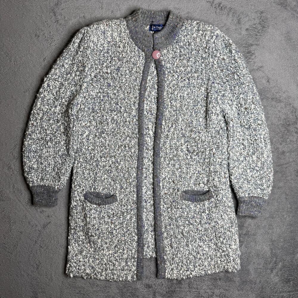 Vintage Knit Wool Blend Cardigan Le Chois Womens M/L Gray Chunky Knit Pockets